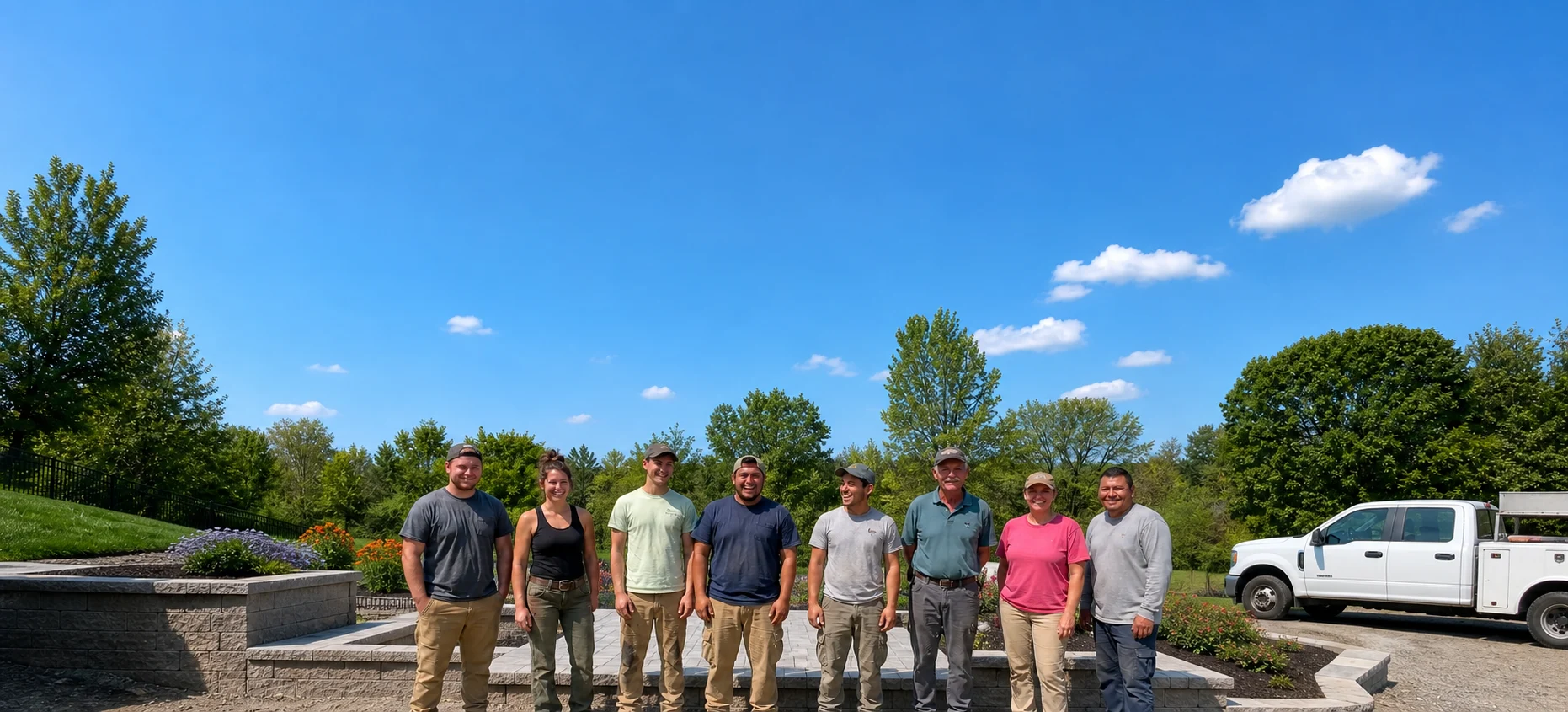 Landscaping company team gathered at a finished outdoor project